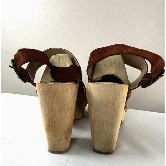 Retro Boho Chunky Platform Suede Leather 9.5 Sandals Pink Brown Wooden Heel - Picture 4 of 16